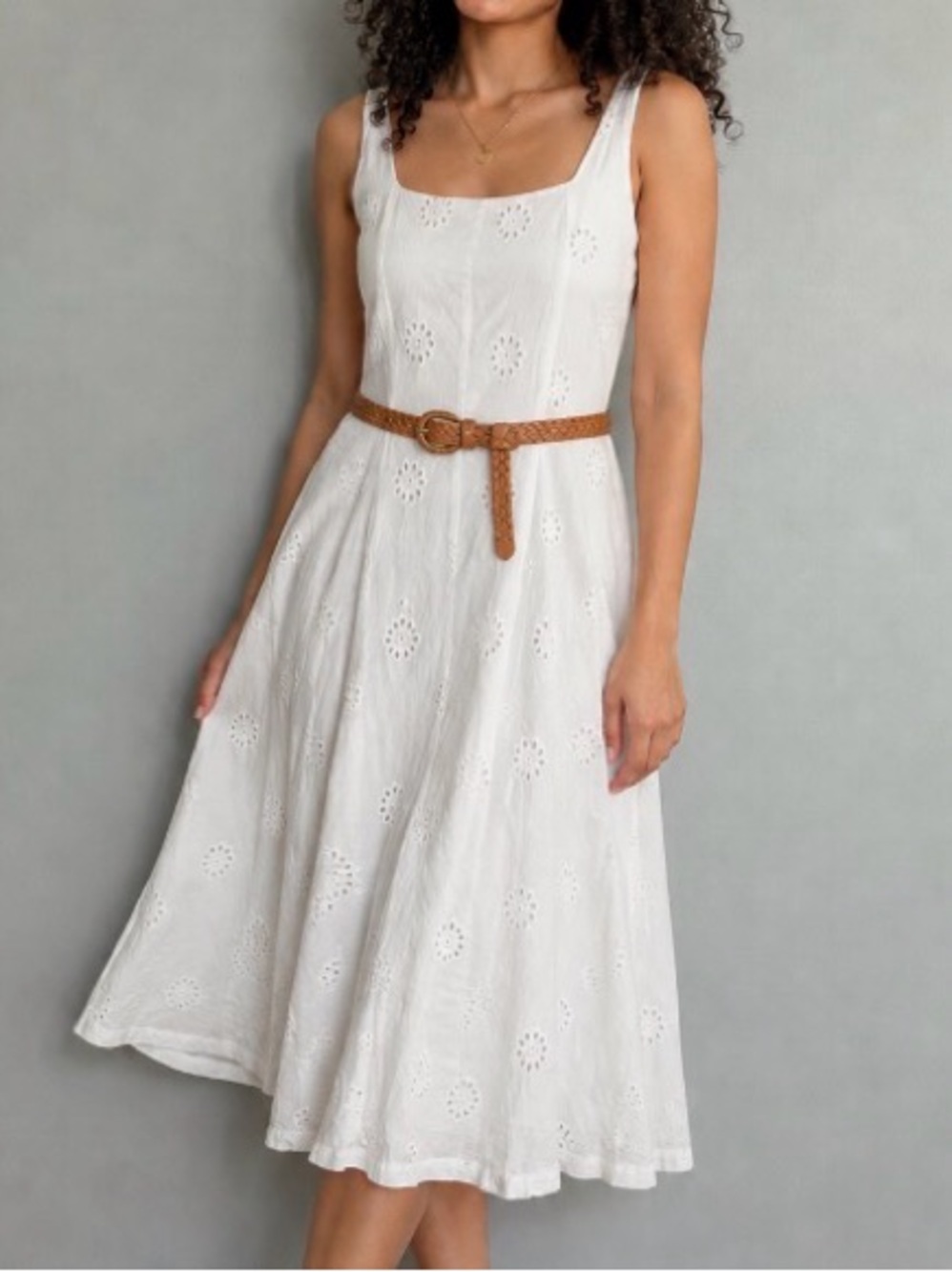 FREE ASSEMBLY White Eyelet A-Line Midi Dress Size M